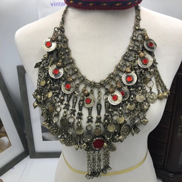 Ethnic Oversized Choker Necklace With Glass Stones and Dangling Tassels - Picture 6 of 6